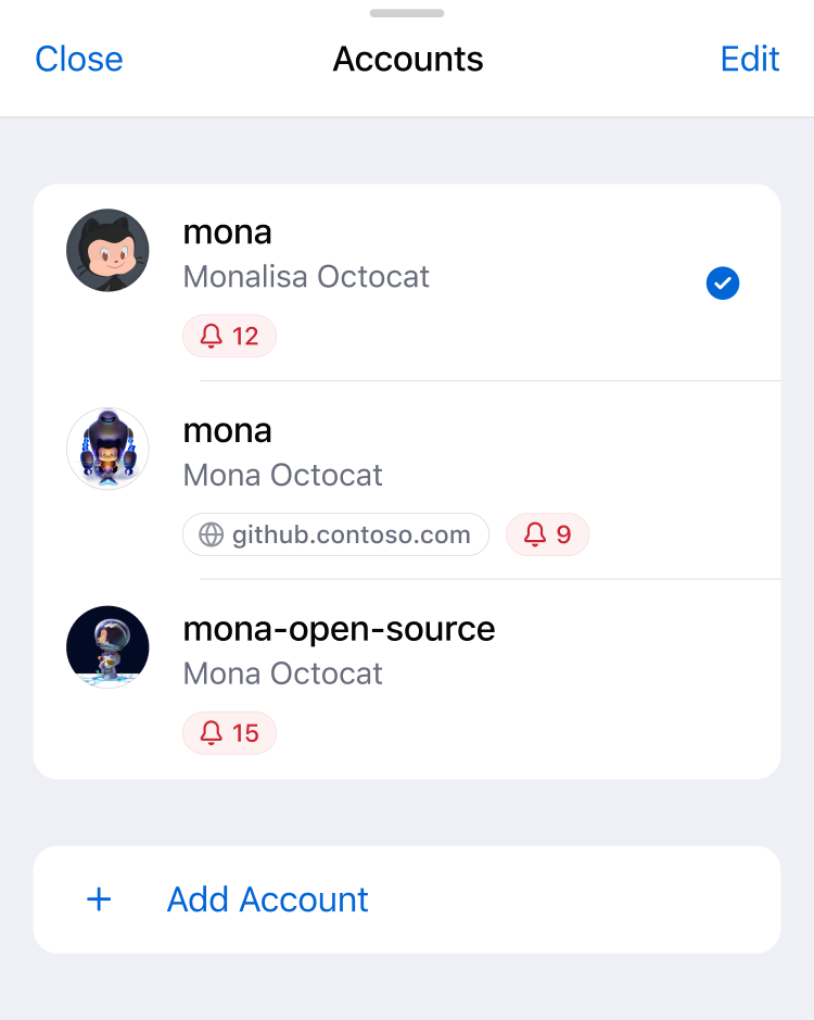 GitHub Mobile Accounts drawer