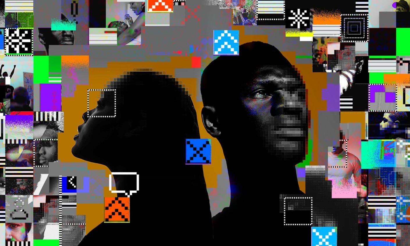 Glitch-inspired digital collage artwork centering Black individuals, by artist Chris Burnett