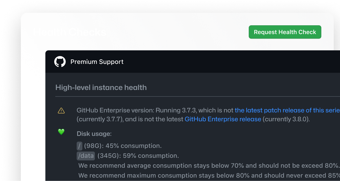 Screenshot of a Health Check report interface with high-level instance health check and a primary call to action to 'Request Health Check'