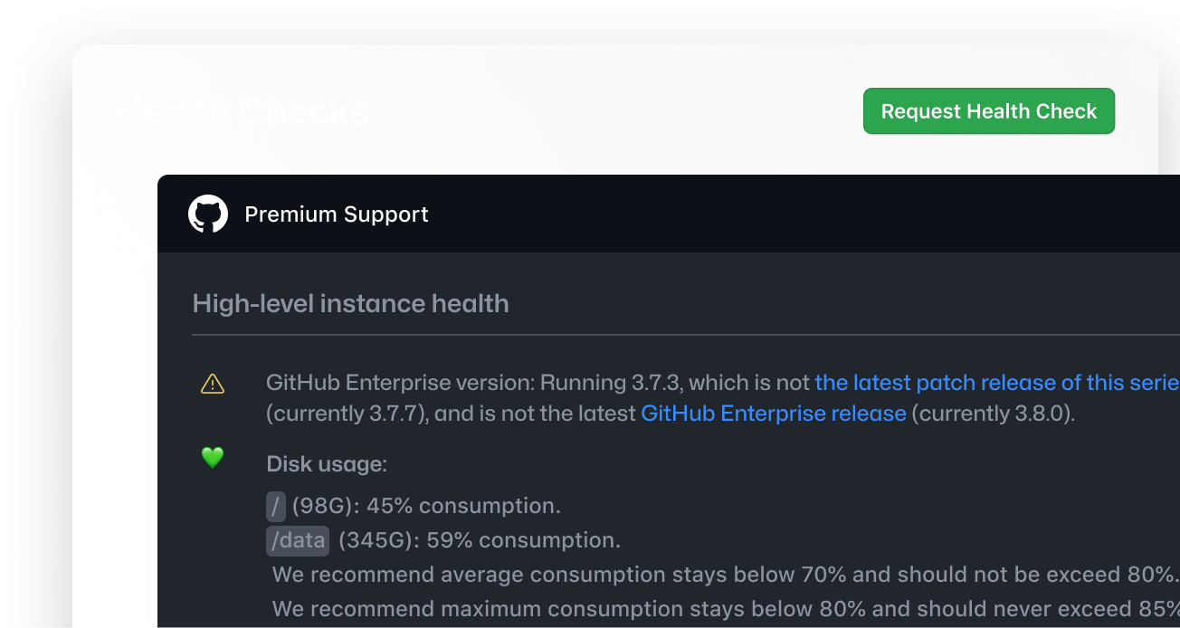  Screenshot of a Health Check report interface with high-level instance health check and a primary call to action to 'Request Health Check'