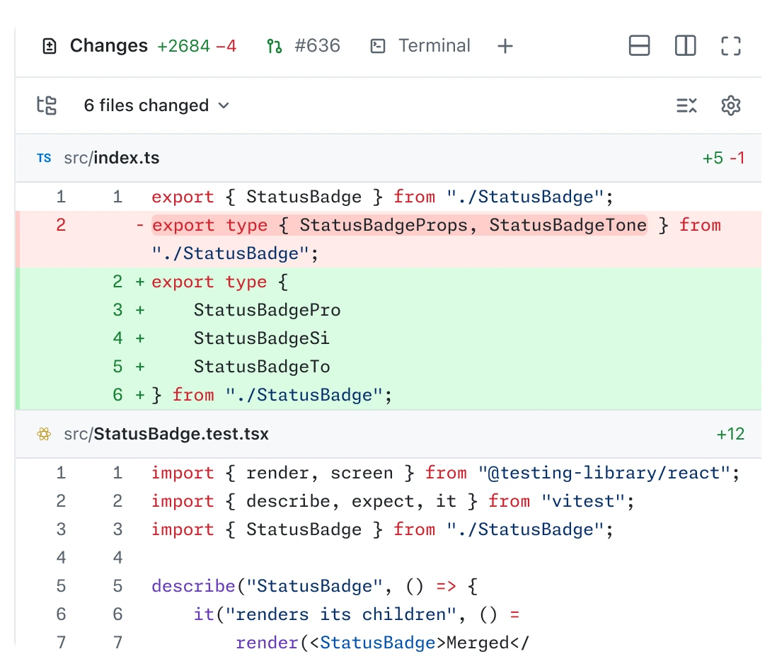 Code diff showing 6 files changed; a single-line TypeScript type export is rewritten as a multi-line export block.