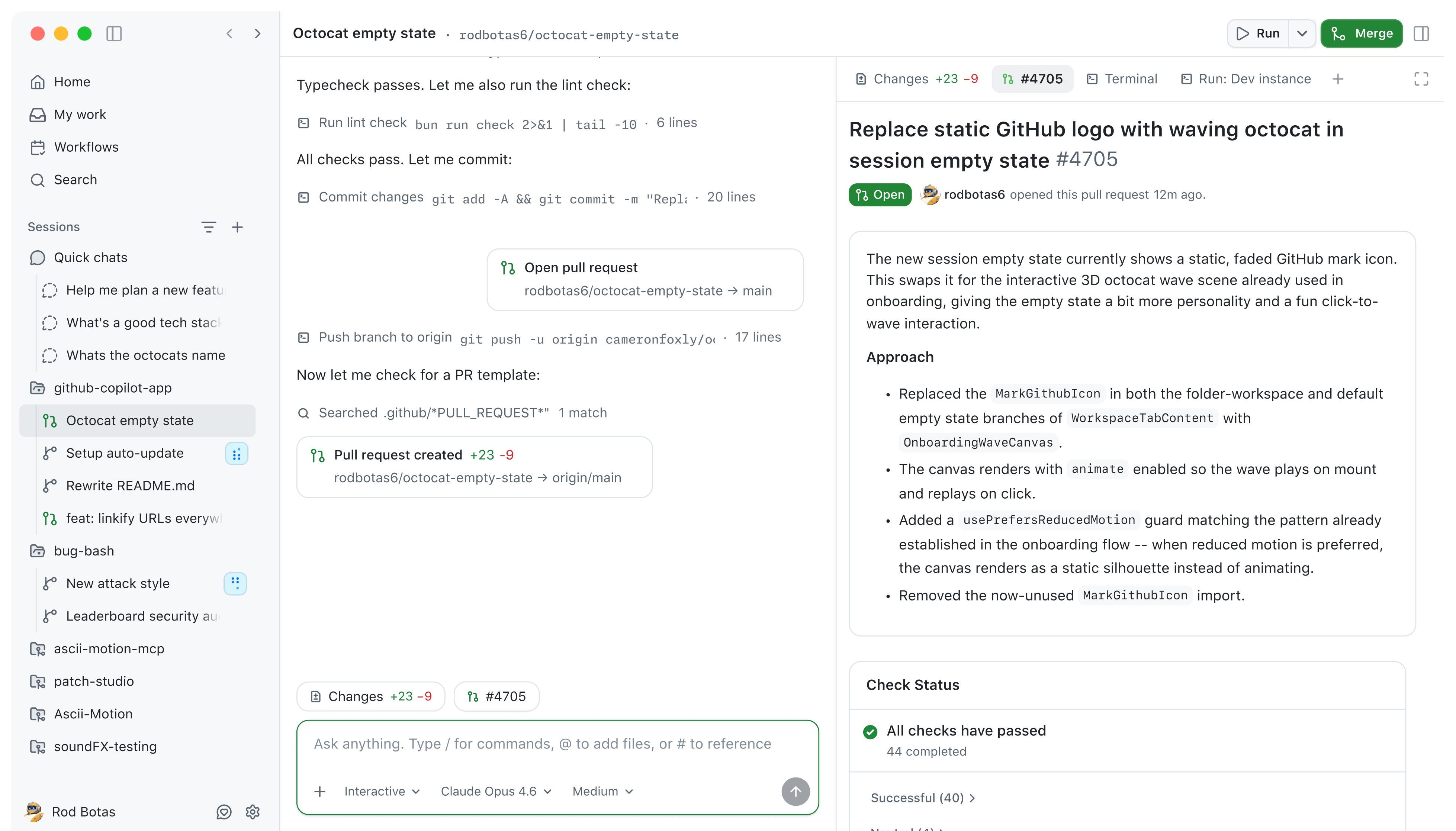 Preview of the GitHub desktop app showing a pull request review with AI-organized findings.