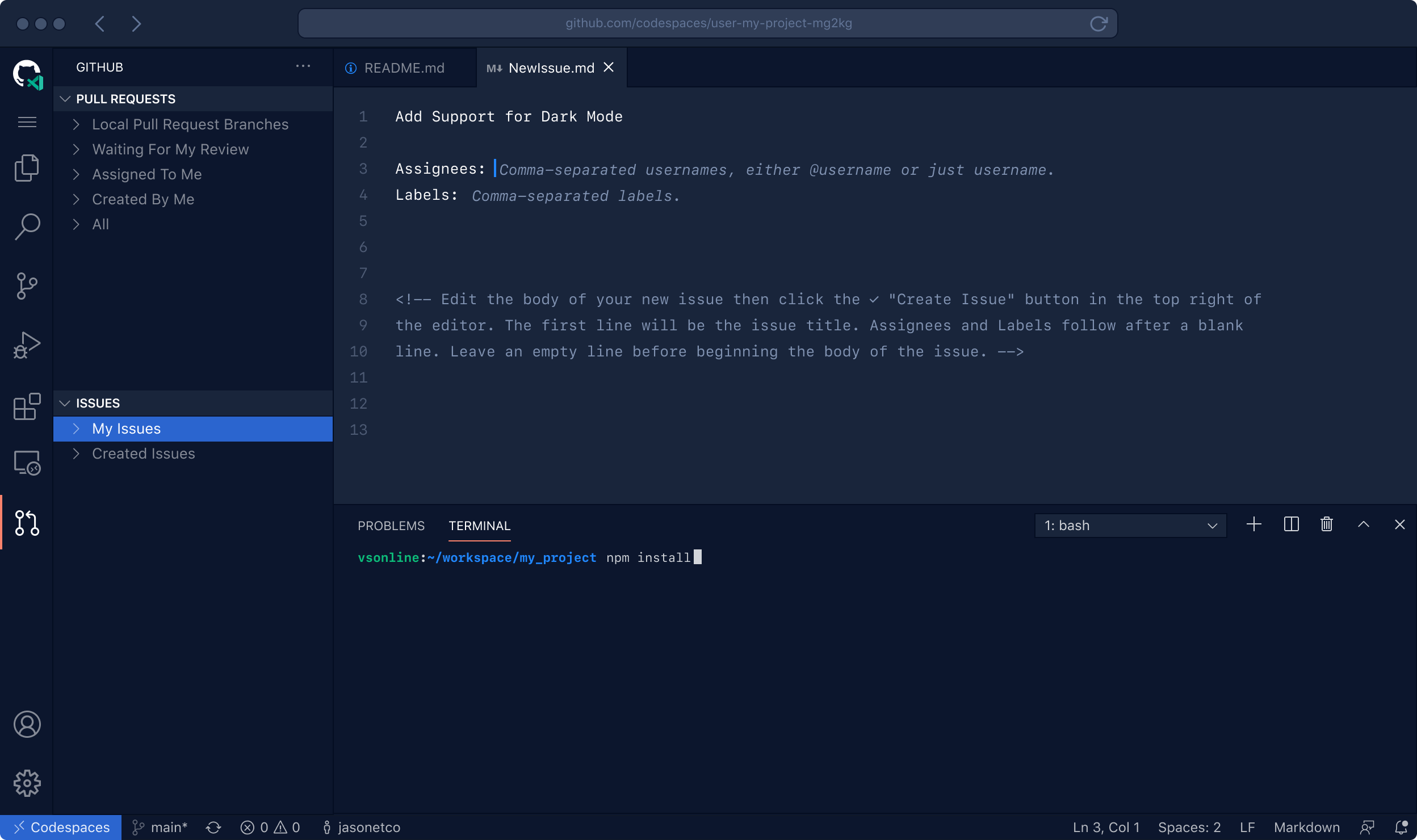 VS Code running in the browser with your project's code and development environment running. A terminal panel is visiable in the editor.