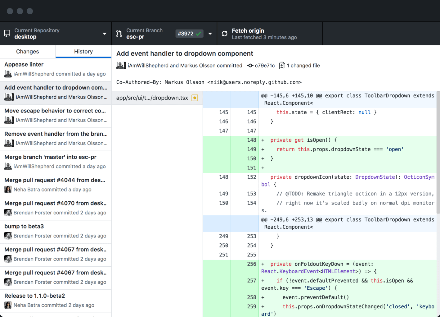 Viewing change log in GitHub Desktop